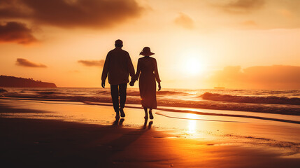 Wall Mural - old senior couple walking by sea beach at sunset, older romantic man and woman walk by ocean shore at summer sunrise