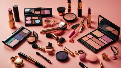 assorted makeup cosmetics on a color background