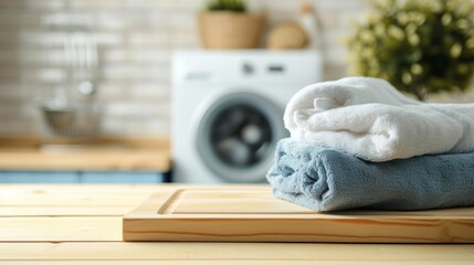 Poster - Indoor flora and home essentials collide as a vibrant houseplant sits atop a sleek appliance, framed by a stack of towels on a rustic wood surface