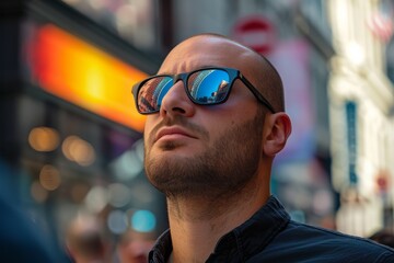 A stylish man with a cool aura gazes up at the towering building, his facial hair perfectly framed by his fashionable sunglasses