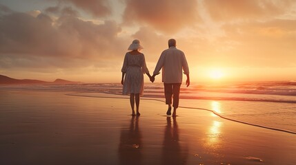 Wall Mural - old senior couple walking by sea beach at sunset, older romantic man and woman walk by ocean shore at summer sunrise