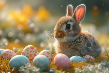Sticker - A curious mountain cottontail bunny sits among vibrant flowers, surrounded by colorful eggs in a picturesque easter scene