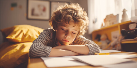 Sad tired thoughtful child doing homework. Concept of depressed, stress and problems at school.