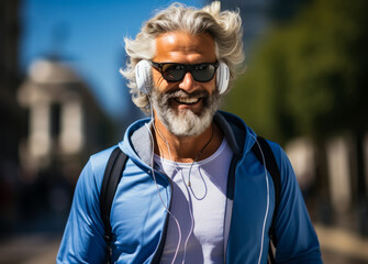 Wall Mural - Senior man full body jogging. Handsome middle age man with grey hair and beard smiling happy walking in the street