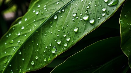 A macro shot of water drops on a tropical leaf