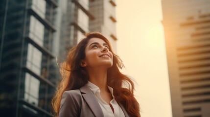 latina corporate business woman walking by street and watching ahead, entrepreneur female on urban city and skyscrapers background, businesswoman lady