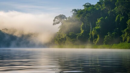 Wall Mural - beautiful amazon river with fog in a beautiful sunrise with a blue sky