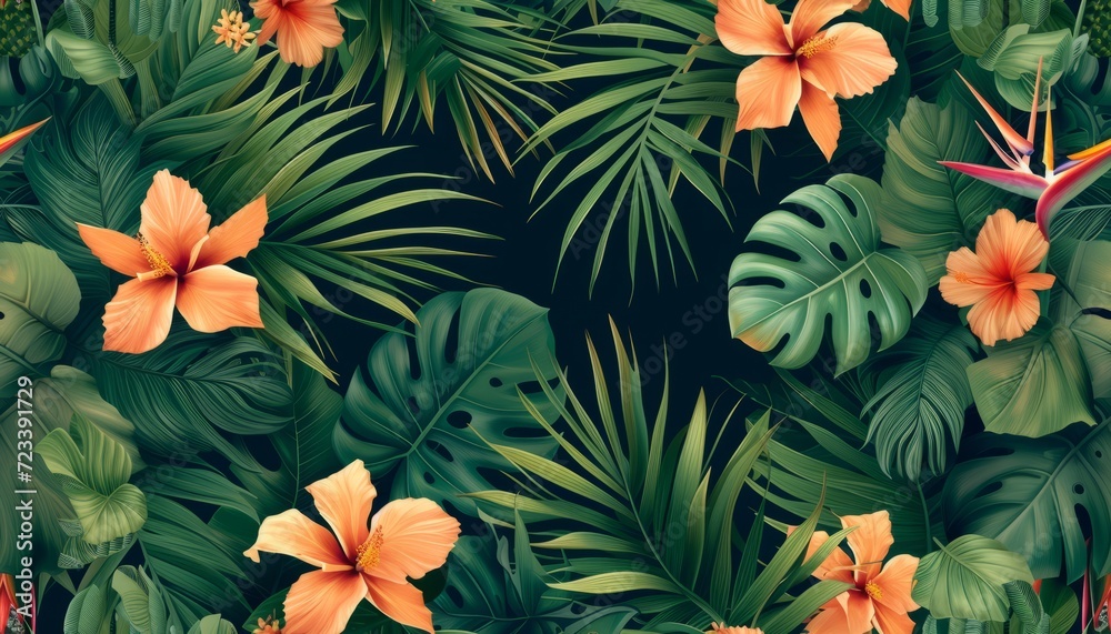 Tropical floral seamless pattern background with exotic flowers, palm ...