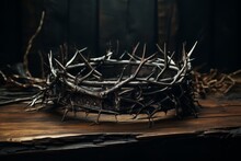 Jesus Christ Crown Of Thorns Set On A Wood Background