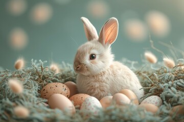 Poster - A curious domestic rabbit finds itself among a nest of eggs, embodying the delicate balance of nature and domestication