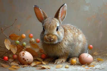 Poster - A domestic bunny gathers fallen leaves and easter eggs while perched on a wall, blending the boundaries of indoor and outdoor spaces