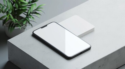 Aufkleber - A sleek smartphone rests beside a simple square box on a table, showcasing the marriage of minimalist design and modern technology