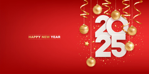 Wall Mural - Happy new year 2025. White paper numbers with golden Christmas decoration and confetti on red background. Holiday greeting card design.