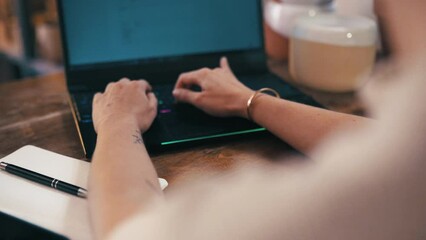 Poster - Typing, pottery or hands on laptop for communication, email or online update creative small business. Blog, social media or closeup of woman with technology for networking in art studio or workshop