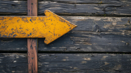 Sticker - Vintage yellow arrow sign on a wooden background, showing direction.