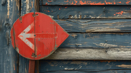 Sticker - Vintage red sign with arrow on a wooden background, showing direction.