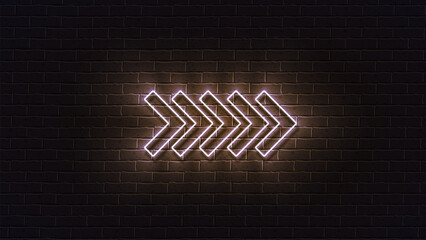 Wall Mural - Glowing neon arrow pointer in gold color on a dark brick wall background.
