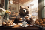 Cute brown bear with good-natured expression on his face serves cakes and coffee to visitors of coffee shop. Friendly fluffy barista