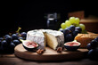 Baked, round camembert cheese, toasted bread, walnut, grape and fresh figs rustic composition on cutting board on wooden background
