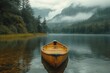 A lone canoe glides through the tranquil mist, its reflection mirroring the serene landscape of towering trees and mist-covered mountains, a perfect escape into the peaceful embrace of nature on the 
