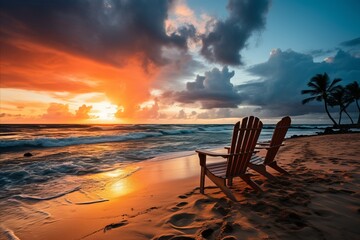 Beautiful sunset with two beach chairs on ocean beach and palm trees in background