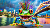 Fototapeta Las - colourful big eye frog with punk hair and cool sun glasses cartoon looking jumping on footpath