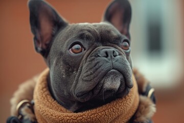 Wall Mural - A fashionable french bulldog dons a cozy coat, exuding charm and elegance as it sits indoors with its adorable snout peeking out