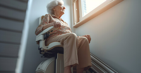 Wall Mural - Latin Senior woman using automatic stair lift on a staircase at her home