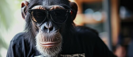 Poster - A monkey wearing sunglasses and a black shirt. Generative AI.