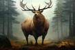 A fat moose is standing in forest. Animal obesity. Ecology.
