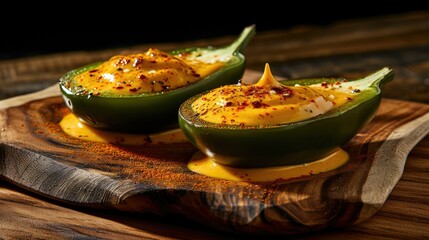 Canvas Print - Two stuffed peppers on a wooden tray. Generative AI.