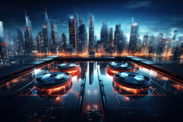 Poster - Feel the heartbeat of a techno city, where lights pulse to the rhythm of electronic beats, creating a visually dynamic and energetic atmosphere. Generative Ai.