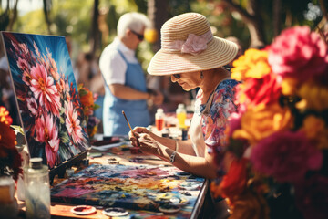Poster - elderly individuals engaging in an outdoor painting session, showcasing creative expression and comm