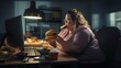 Overweight woman holding hamburger after the delivery man delivers the food home, leftover food on the table