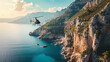 A couple enjoying a private helicopter tour over the breathtaking landscapes of the French Riviera, creating a thrilling and romantic scene, with space for adventurous messages