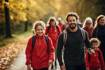 Poster - A family participating in a mental health charity walk, showing solidarity and support. Concept of community involvement in mental health advocacy. Generative Ai.