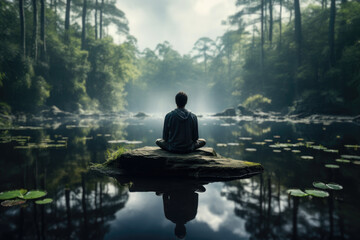 Canvas Print - A person meditating beside a tranquil lake, reflecting on the calmness and purity of nature. Concept of meditation and natural serenity. Generative Ai.