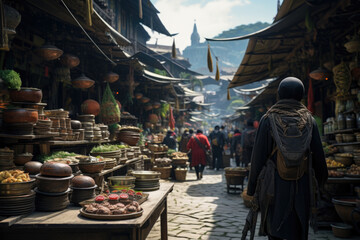 Wall Mural - a traveler walking through a bustling local market, absorbing the sights, sounds, and smells. concep