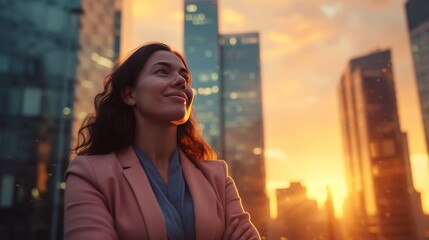 Sticker - hispanic businesswoman standing in big city modern skyscrapers street, copy space