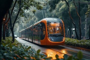 Poster - a public transportation system powered by clean energy, reducing urban pollution. concept of sustain