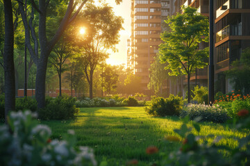 Wall Mural - An urban area creating green spaces and parks, improving air quality and biodiversity. Concept of urban greening and ecological benefits. Generative Ai.