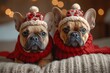 Two festive fawn-colored dogs stay cozy and stylish indoors, sporting adorable red knitted hats and scarves that add a touch of christmas cheer to their pet attire