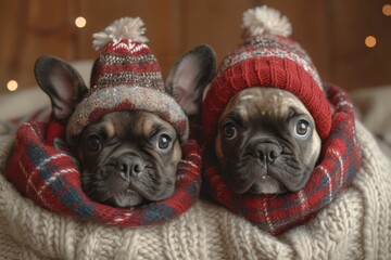 Wall Mural - Two cozy pups, a regal bulldog and a playful pug, dressed in matching red hats and scarves, lounging indoors with their snouts in the air