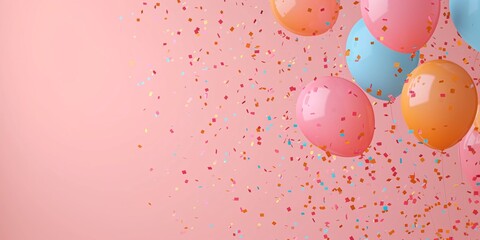 Wall Mural - Pastel Balloons and Confetti on Pink Background