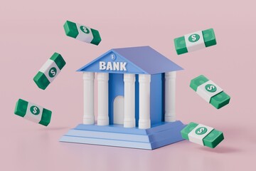 Poster - 3D bank, banking building and banknote floating icon, business investment finance concept. money transaction security. 3d blue banking minimal cartoon style isolated on pink background. 3d rendering.