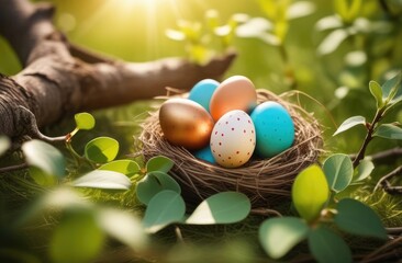 Wall Mural - Colorful Easter eggs in a nest surrounded by grass and flowers, in the rays of the sun. Holiday Easter card