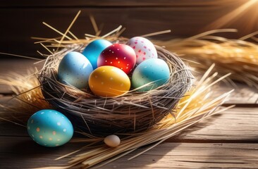 Wall Mural - Easter colored eggs in a nest on a wooden background. Easter holiday concept. Country style