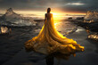 © photosaint - beautiful woman in a lush yellow dress on the shore of Iceland among the ice against the backdrop of sunset