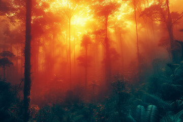 Wall Mural - Mystical forest scene with sunbeams penetrating through dense fog, casting a warm glow over the trees.