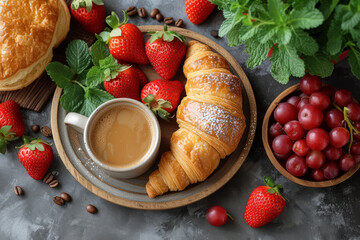 Poster - A breakfast flat lay with fresh pastries, fruit, and a pot of coffee. Concept of gourmet breakfast and morning indulgence. Generative Ai.